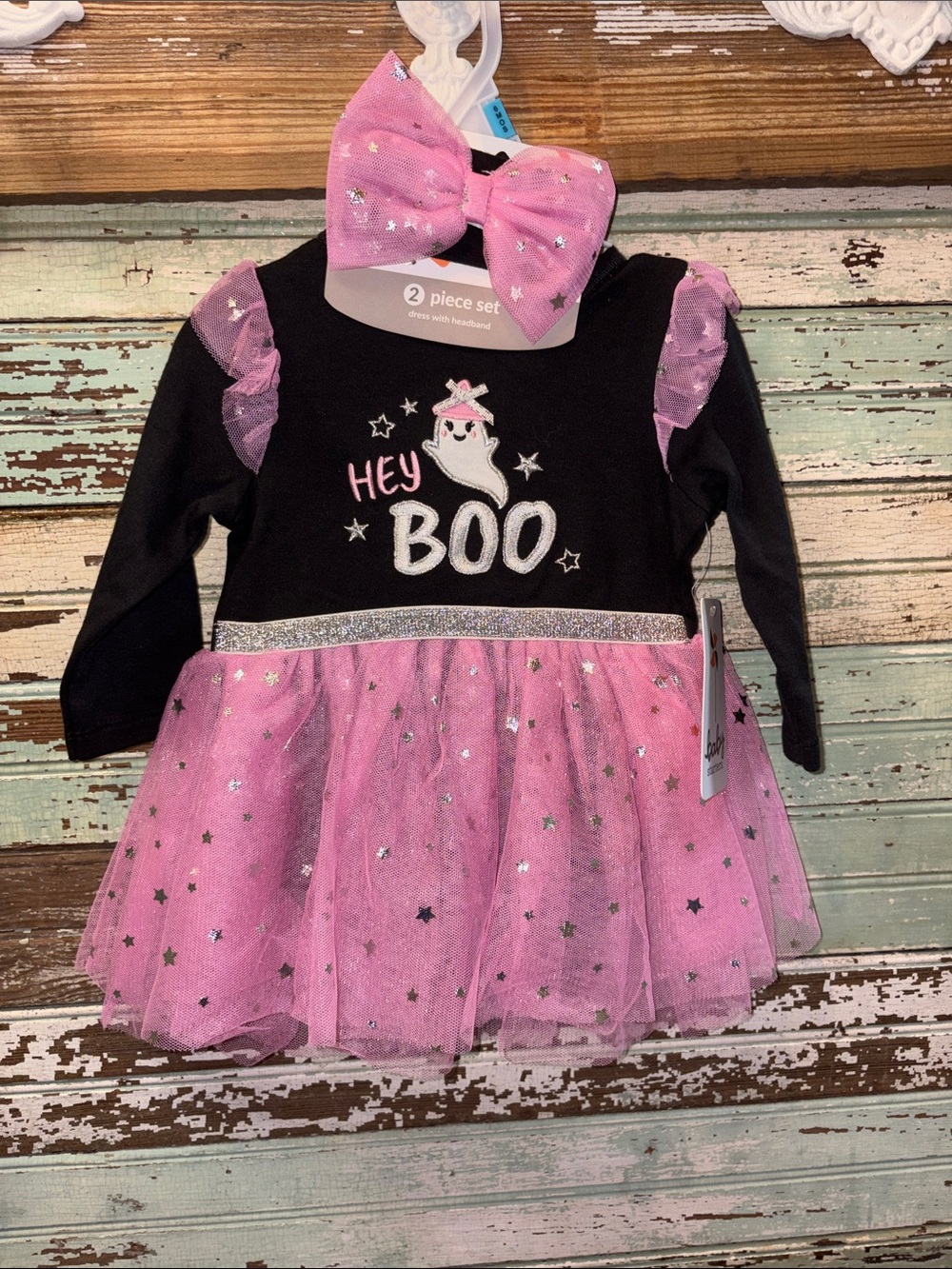 New Baby Starters Hey Boo Pink & Black Ghost Tulle Dress with Headband
